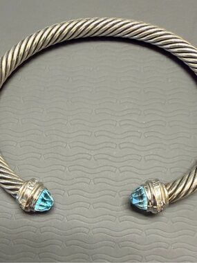 David Yurman,Sterling Silver-Tone Cable Cuff Bracelet with Blue topaz